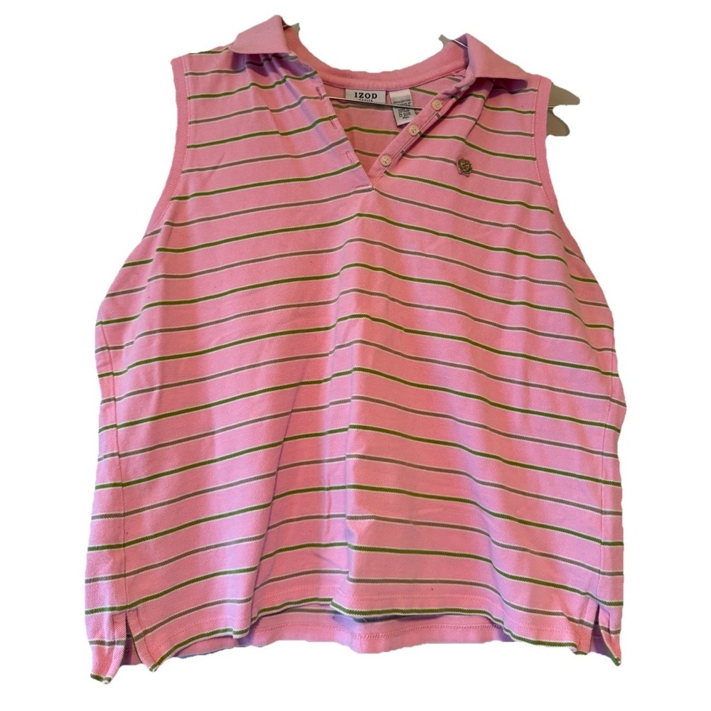 Vintage Preppy IZOD Sleeveless Striped Pink/Green Blouse Size Petite XL Logo